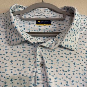 Jack Nicklaus Polo Shirt Men's 2XL White Fish & Star Print‎ Short Sleeve Classic